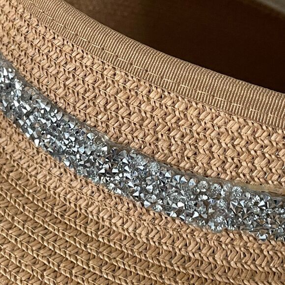 Woven Hat Tan Paper Straw Sun Visor Silver Band Accent Elastic Back One Size - Picture 4 of 9